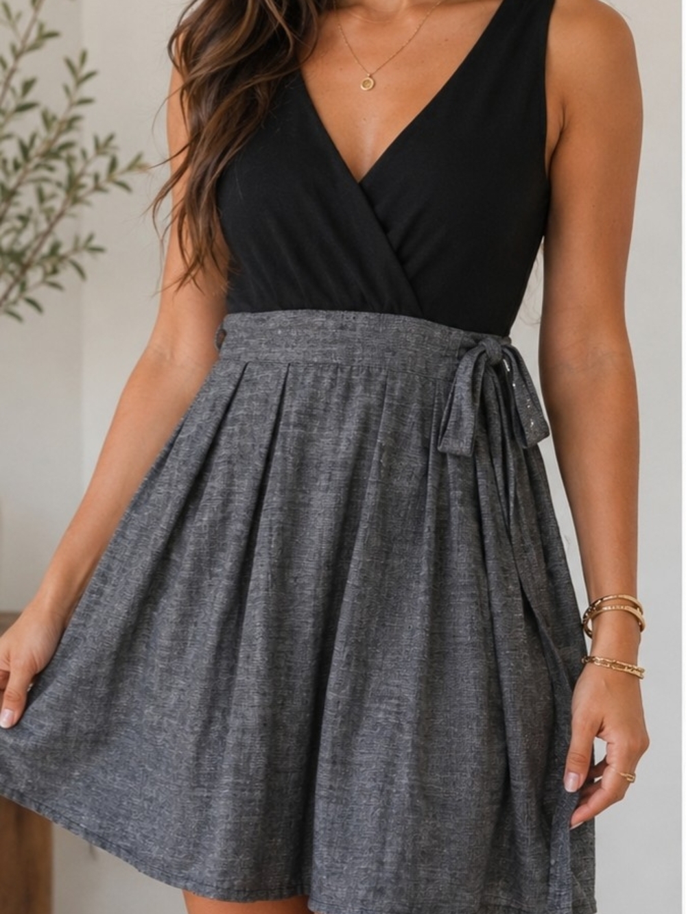 Derek Heart Sleeveless Fit & Flare Dress Gray Black Tie Waist Mini Dress Size L